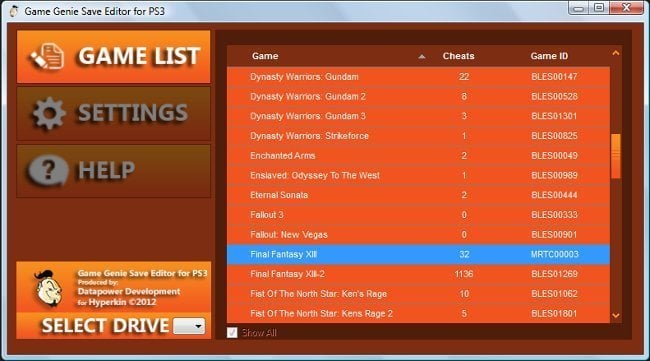 game genie ps3 cheat list